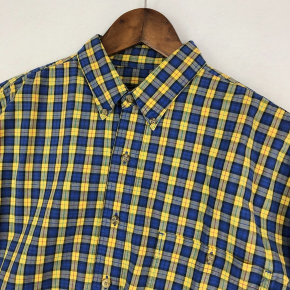 Eddie Bauer Mens Size Large Tall Blue Yellow Plaid Long Sleeve Button Down Shirt - Picture 2 of 9